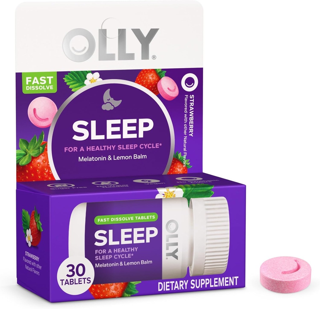OLLY Sleep Fast Dissolves, 3 mg melatonin, Lemon Balm, Strawberry Flavor, 30 dages forsyning - 30 Greve