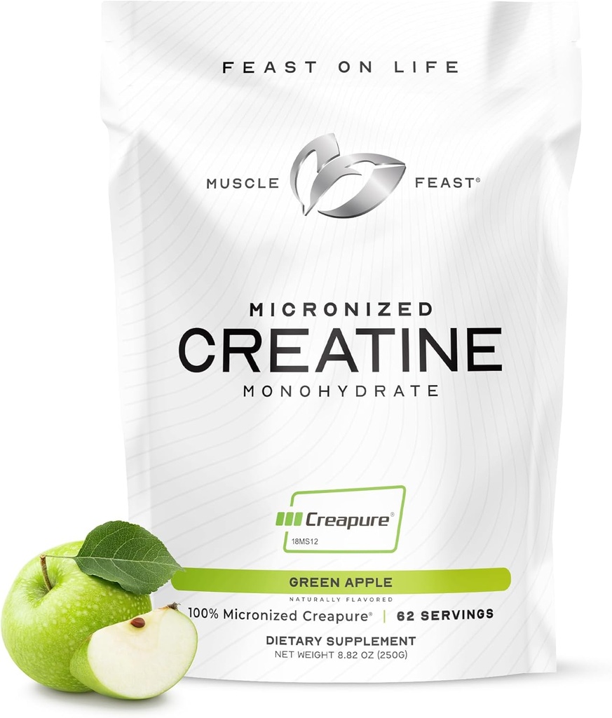 Muskel Feast Creapure - Mikroniseret Creatin monohydrat pulver • 124; Premium Pre- workout eller efter - workout • 124; Smagsfyldt Creatin for kvinder & mænd • 124; Let at blande, Gluten- fri, sikker og ren (Green Apple, 250g)