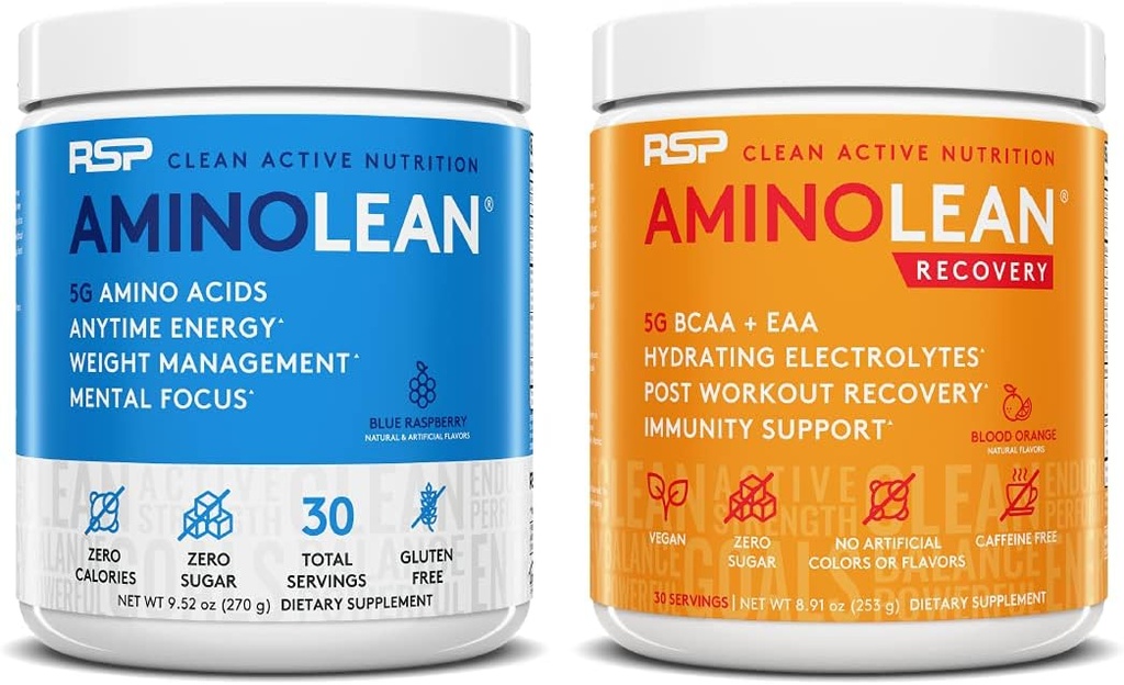 RSP NUTRITION AminoLean Pre Workout Energy (Blå Hindbær 30 Servere) med AminoLean Inddrivelse Post Workout Boost (blod Orange 30 Servere)