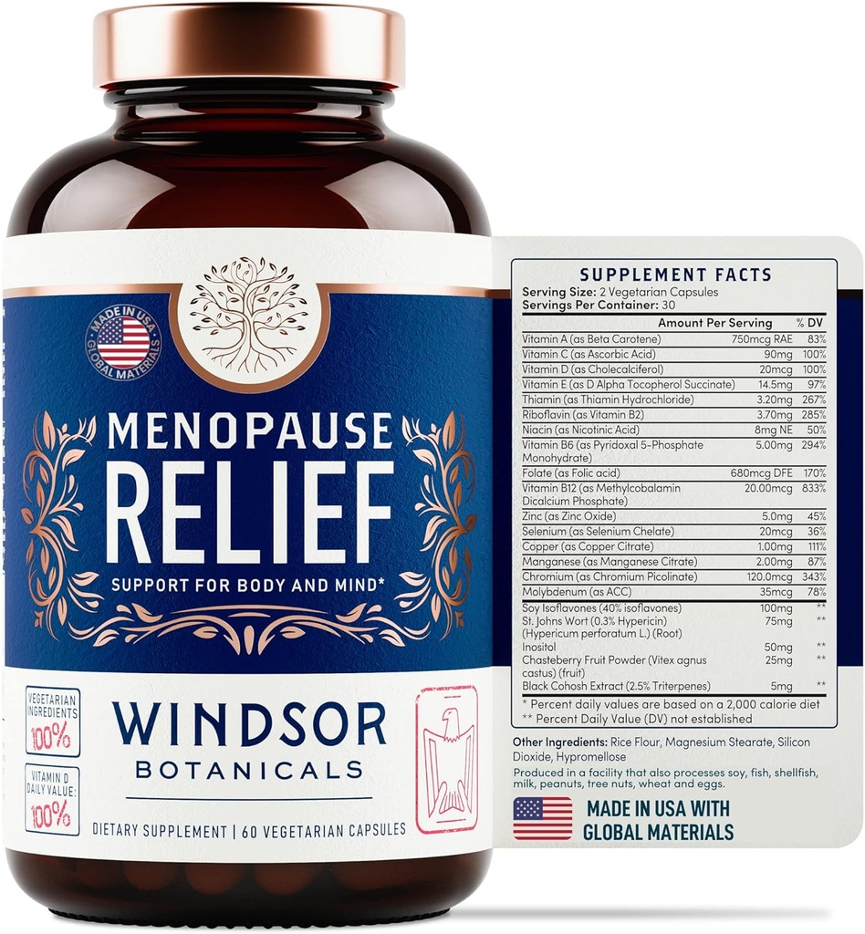 Menopause Kosttilskud til kvinder - Windsor Botanicals Multivitamin med Chastebry, Black Cohosh for Hot Flashs, Menopause Relief og Hormone Balance for Kvinder - 60 Natural Progesteron Østrogen piller