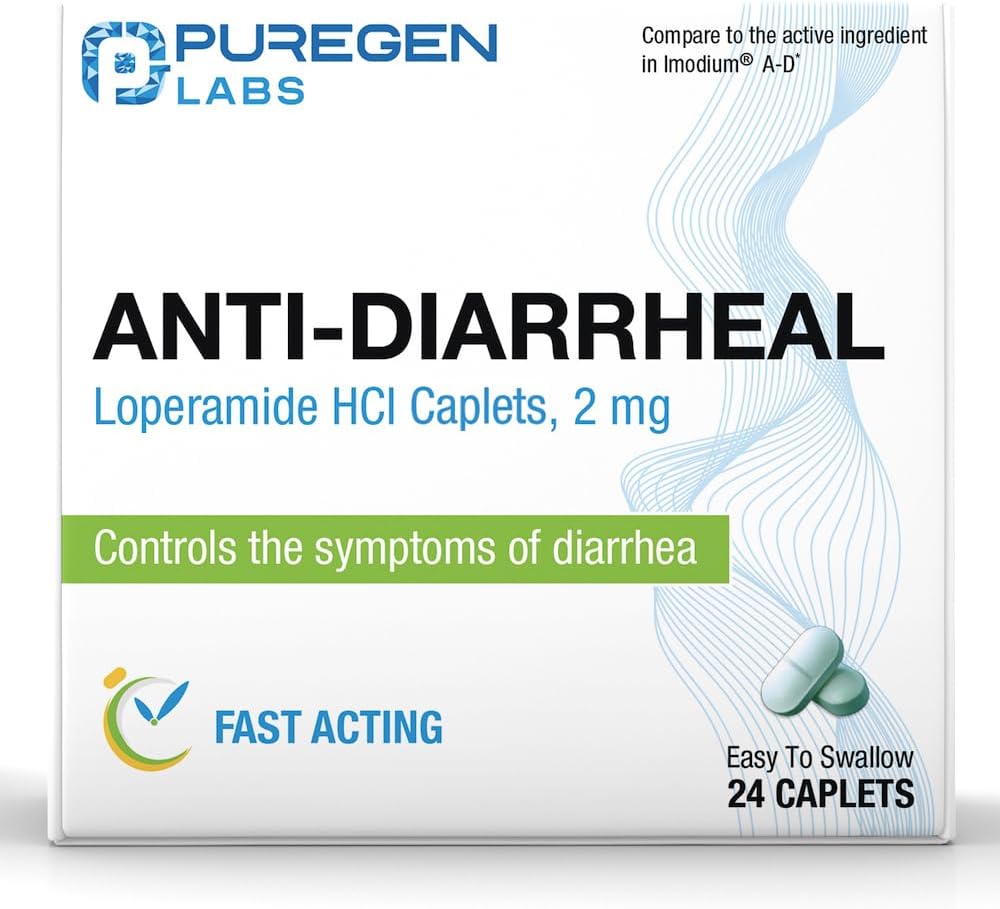 Puregen Labs Anti-Diarrheal Caplets - 24 Count - 2 mg Loperamide Hydrochloride - Easy-to-Swallow Anti-Diarrhea Pills - Diarrhea and Stomach Relief - Control Symptoms of Diarrhea