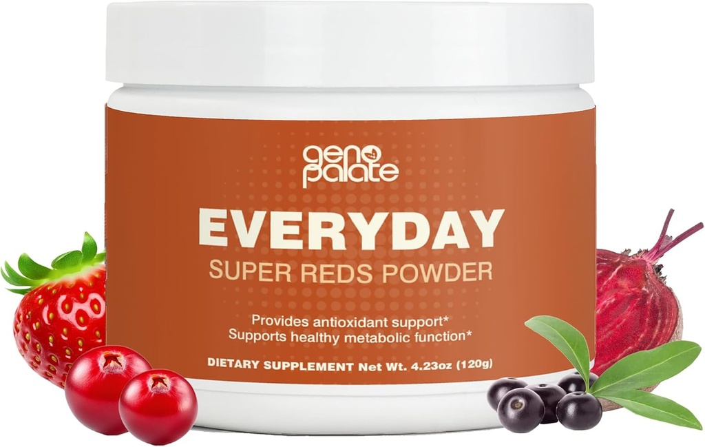 GenoPalate Everyday Super Red, Antioxidant Superfood Blend med Beet Root, Tranebær, Hibiscus, Acai & Probiotika, Energiserende Polyphenoler til hjerte, hjerne & fordøjelsessygdomme, Vegan, 30 Servere