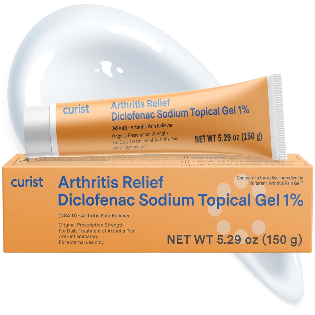 Curist Diclofenac Natriumtematisk gel 1 Procent 150g for gigtsmerter - fælles smertelindring for hånd / fodsmerter, knæ- / albuemedicin & ankelsmerter - 1% - 5.29oz
