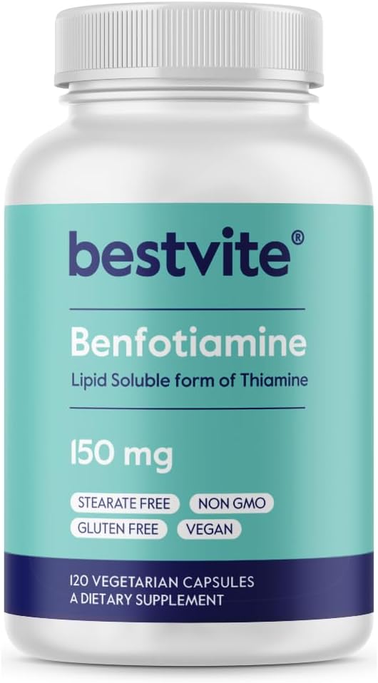 BESTVITE Benfotiamin 150mg (120 vegetariske kapsler) Ingen stearater - Ingen silikonedioxid - Vegan - Ikke GMO - Gluten Free