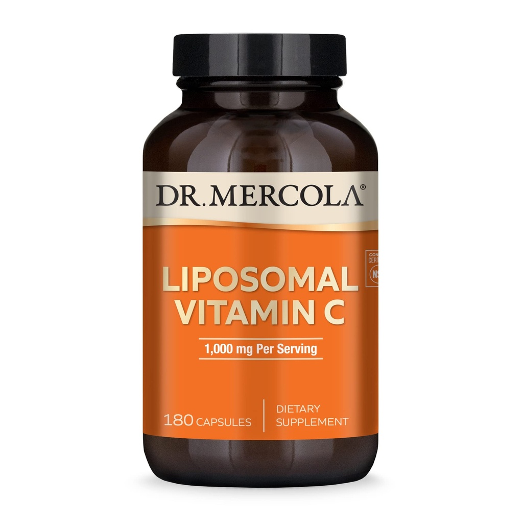Dr. Mercola Liposomal C-vitamin - hjerne, hjerte, øje og immunforsvar - giver 1.000 mg biotilgængelig C-vitamin - non-GMO, glutenfri & soy- fri - 180 kapsler (90 Servere)