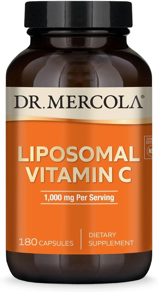 Dr. Mercola Liposomal C-vitamin - hjerne, hjerte, øje og immunforsvar - giver 1.000 mg biotilgængelig C-vitamin - non-GMO, glutenfri & soy- fri - 180 kapsler (90 Servere)