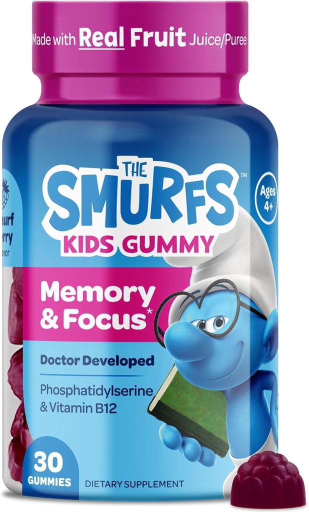 Smølfer Fokus Gummies for Kids I 124; Kids Fokus og Opmærksomhed Supplement med Phosphatidylserine I 124; Lavet med Real Fruit I 124; Doctor Developed I 124; Non-GMO og Ingen Kunstig Artificielle Artikker eller Farver I 124; 30 Gummies
