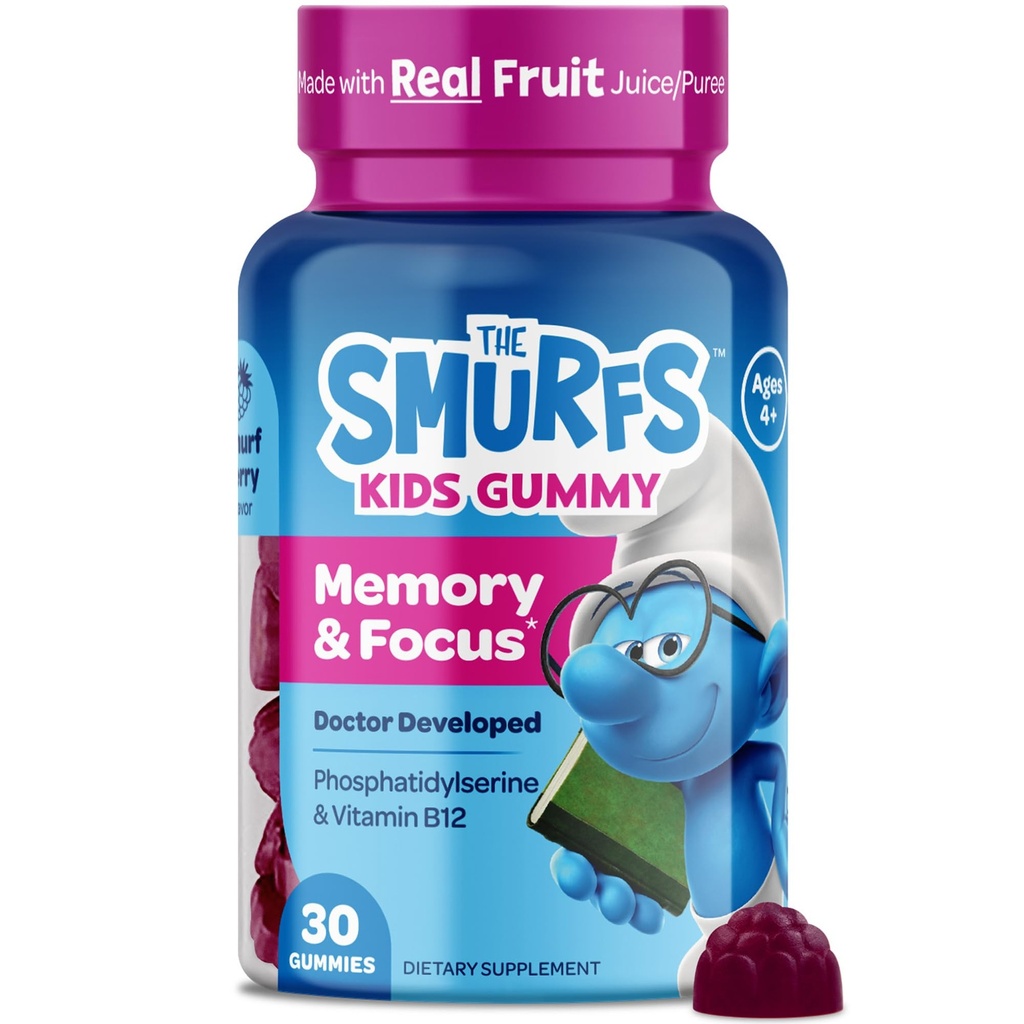 Smølfer Fokus Gummies for Kids I 124; Kids Fokus og Opmærksomhed Supplement med Phosphatidylserine I 124; Lavet med Real Fruit I 124; Doctor Developed I 124; Non-GMO og Ingen Kunstig Artificielle Artikker eller Farver I 124; 30 Gummies