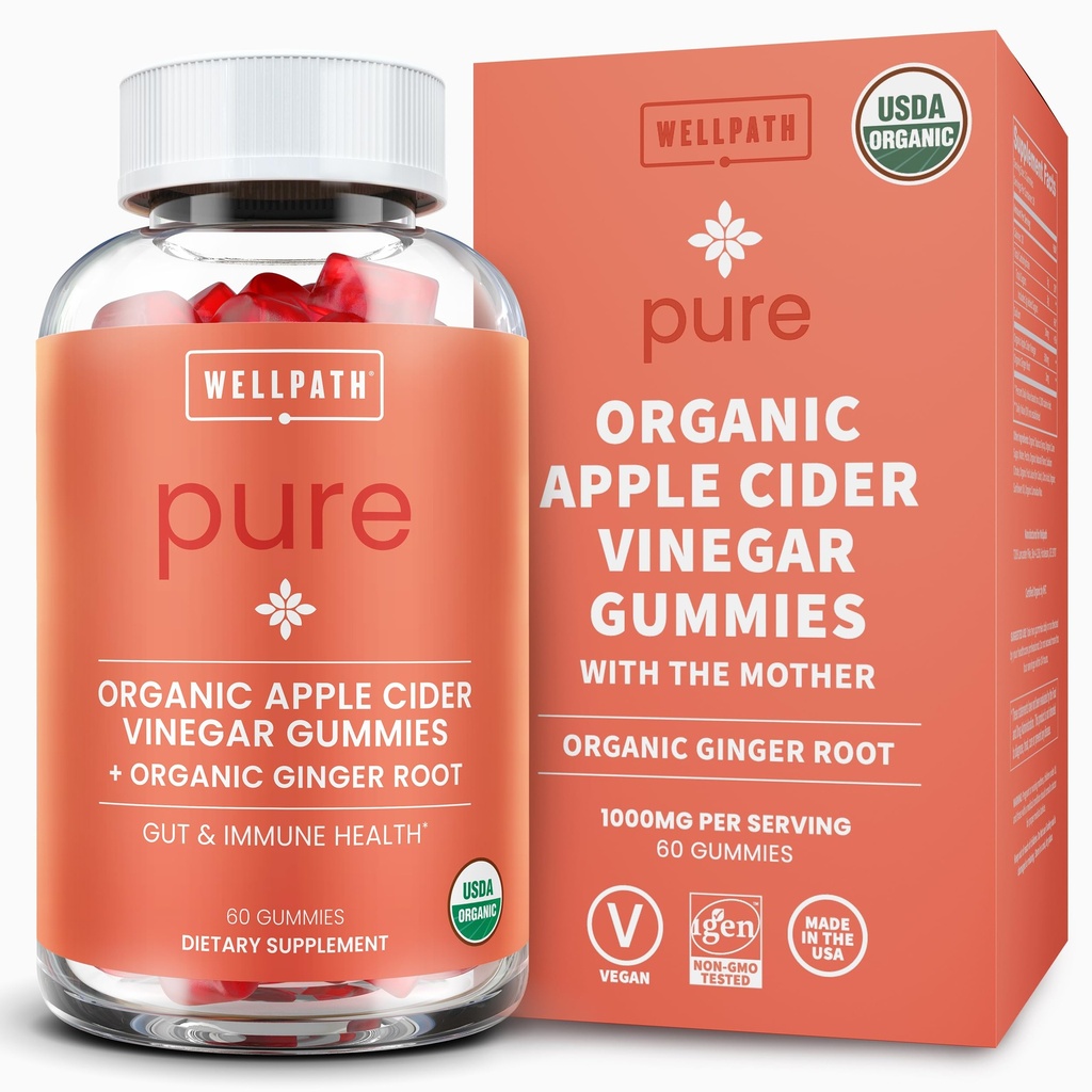 Nå Stie Organic Apple Cider Vinegummi Gummier med moderen - USDA Organic ACV Gummies - Ginger & Apple Cider Vinegummi med mor til Gut Health - Vegan, Non- GMO, 60 Ct