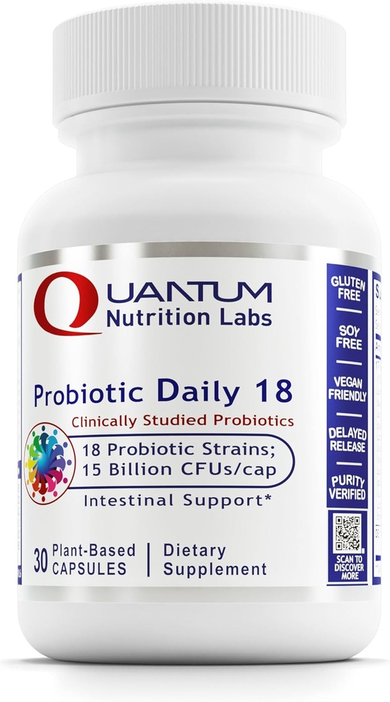 Quantum Nutrition Labs Probiotic Daily 18 - Probiotika til fordøjelse, Probiotika til kvinder og mænd med Lactobacillus Acidophilus, Reuteri til sund Gut Microbiome - 30 Vegetariske kapsler