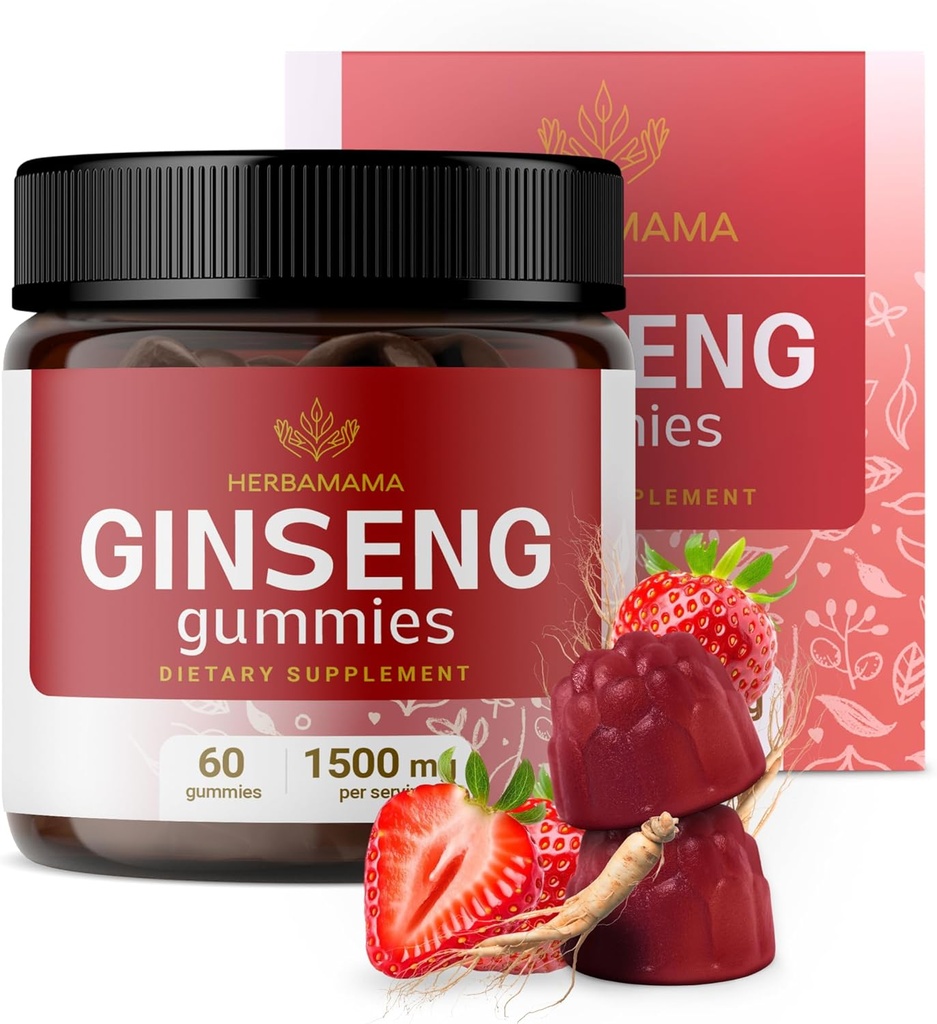 HERBAMAMA Panax Ginseng Gummies - 1500mg Koreansk Rød Ginseng Root for Energy Support - Vegan, ikke-GMO Red Panax immunsupport supplement - 60 Pectin- baserede Strawberry- Tygge