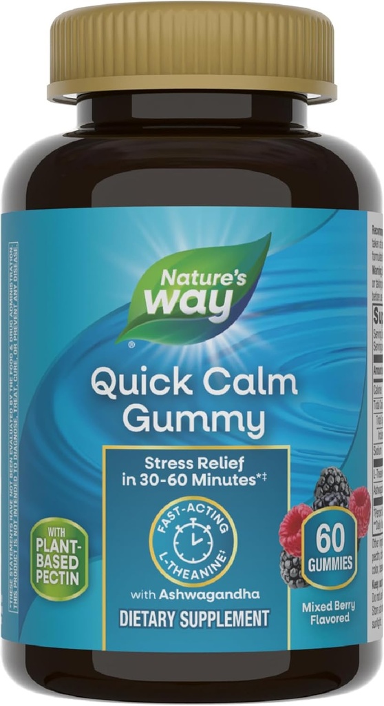 Nature 's Way Quick Call Gummies, L- Theanine for afslapning *, Fast- Action- Action-, Stress Relief fra L- Theanine Inden for 30 - 60 minutter *, med Ashwagandha, Vegetarisk, blandet Berry Flavored, 60 Gummies