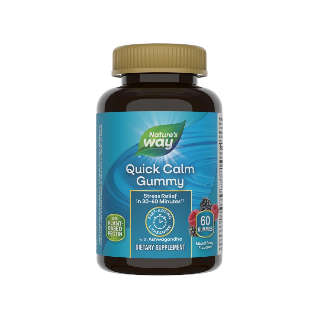 Nature 's Way Quick Call Gummies, L- Theanine for afslapning *, Fast- Action- Action-, Stress Relief fra L- Theanine Inden for 30 - 60 minutter *, med Ashwagandha, Vegetarisk, blandet Berry Flavored, 60 Gummies