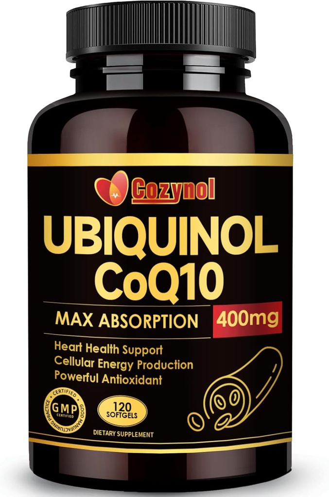 Ubiquinol CoQ10 400mg Softgel med vitamin E & Omega-3, Max- Absorption Coenzym Q10, kraftfuld antioxidant, understøtter hjertesundhed & energiproduktion, 120 Greve, Non- GMO