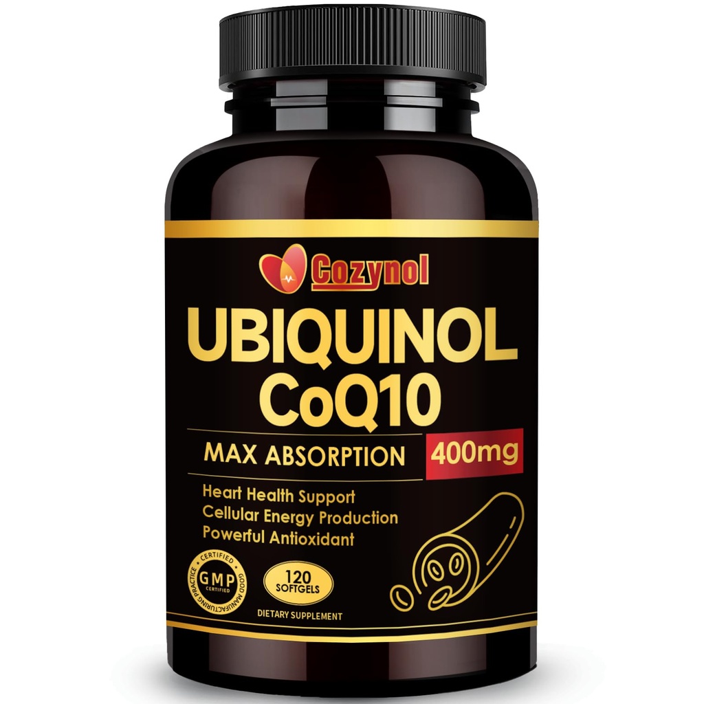 Ubiquinol CoQ10 400mg Softgel med vitamin E & Omega-3, Max- Absorption Coenzym Q10, kraftfuld antioxidant, understøtter hjertesundhed & energiproduktion, 120 Greve, Non- GMO