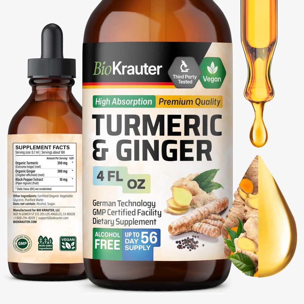 BIO KRAUTER ® Gurkemeje og ingefær supplement - Pure Vegansk flydende gurkemeje & ingefær tinktur med pepper 4 Fl.Oz 56 dages forsyning - Curcumin Dryps til fælles støtte, Antioxidant & immunforsvar