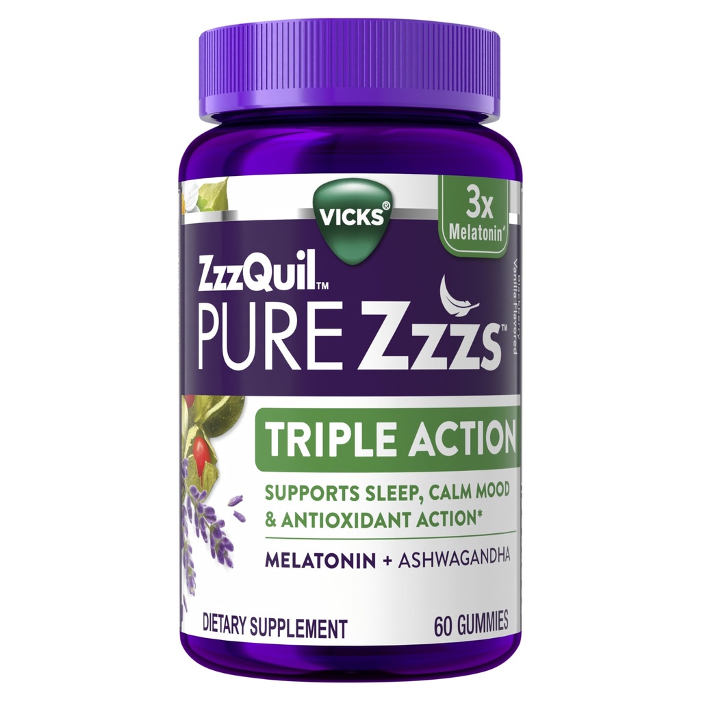 ZzzQuil PURE Zzzs Triple Action, Melatonin Gummies, Melatonin 6mg, 3X Melatonin, Sleep Aid med Ashwagandha, Calm Mood, Antioxidant Action, Sleep Aids til voksne, 60 Sleep Gummies