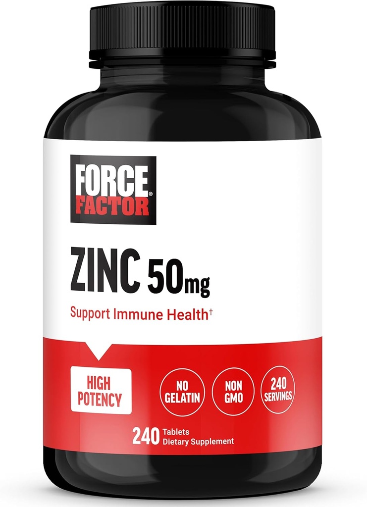 Force Factor Zinc 50mg, Zinc Supplements with Zinc Oxide Powder, Zinc Gluconate, and Zinc Citrate for Immune Support and Immune Health, High-Potency, Vegan, Gelatin Free, Non-GMO, 240 Tablets