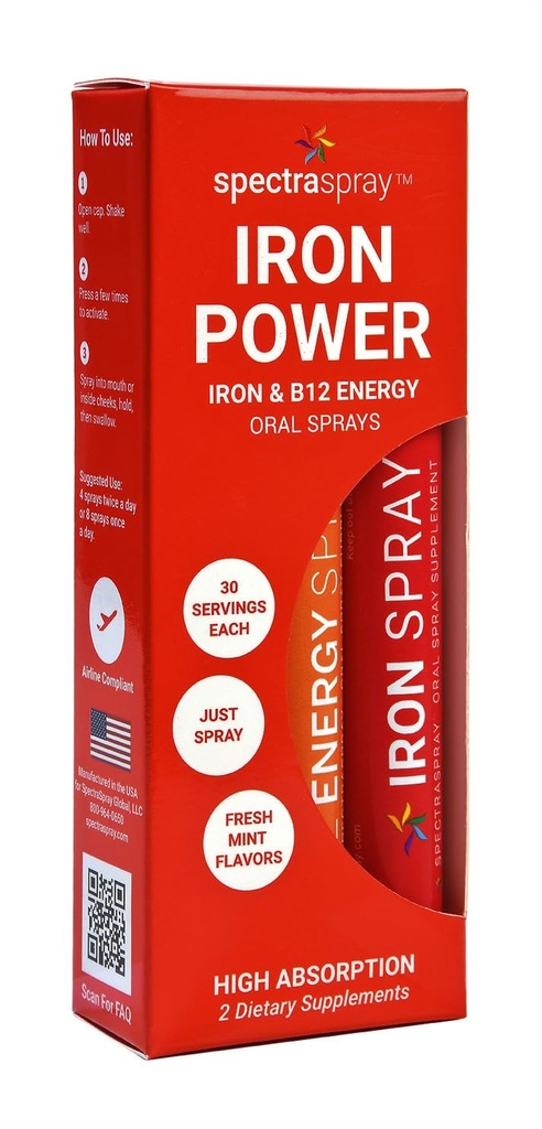 SpectraSpray Iron & B12 Vitamin Flydende Oral Spray Kit - Food Grade Jern som en væsentlig daglig mineral og B12. Vegansk, Gluten Free & Højeffektiv, 30 dages forsyning per Spray