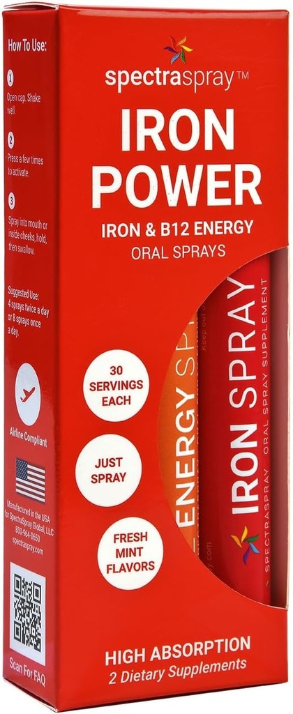 SpectraSpray Iron & B12 Vitamin Flydende Oral Spray Kit - Food Grade Jern som en væsentlig daglig mineral og B12. Vegansk, Gluten Free & Højeffektiv, 30 dages forsyning per Spray