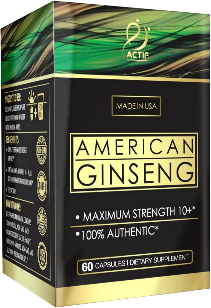 Actif American Ginseng - 100% autentiske 10 år gamle Ginseng, non-GMO, 500mg - Made in USA