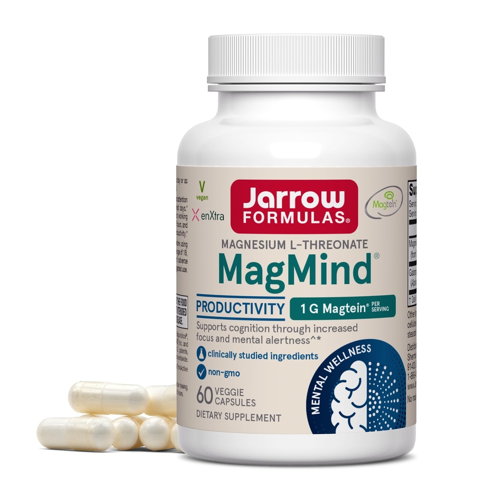 Jarrow Formulas Magnesium L- Threonat, MagMind Produktivitet, Høj Absorption Magnesium, Hjernetilskud til hukommelse og fokus, 60 Veggie Kapsler, Op til en 30 dages forsyning