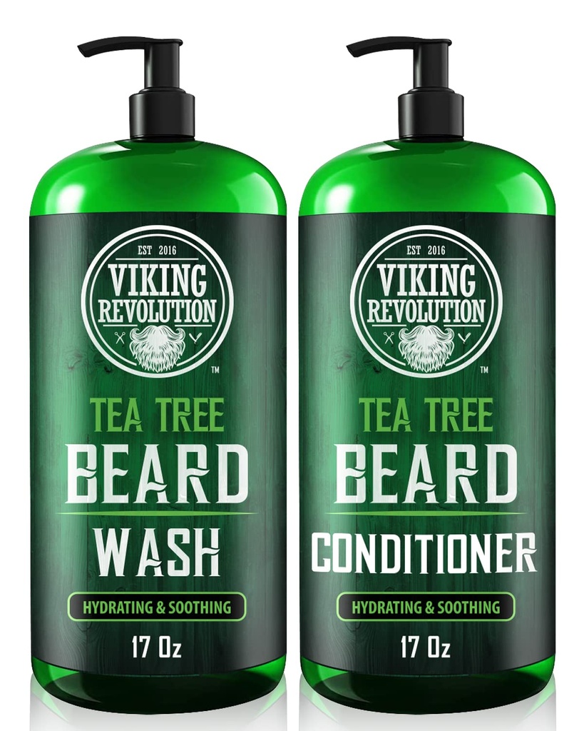 Viking Revolution Tea Tree Oil Beard Wash and Beard Conditioner for mænd - Naturlige skæg blødgøringsmiddel sæt med Argan Oil, E-vitamin og Ginseng - Beard Shampoo og Conditioner Set (17 Oz)