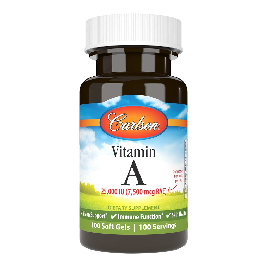 Carlson - vitamin A, 25000 IE (7500 mcg RAE), Vision & Skin Health, immunfunktion, 100 bløde geler