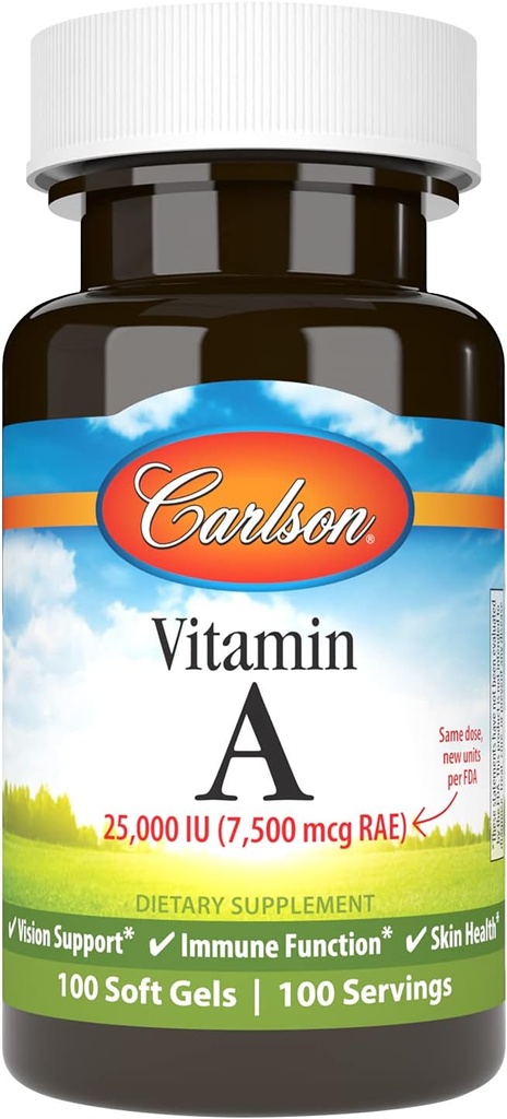 Carlson - vitamin A, 25000 IE (7500 mcg RAE), Vision & Skin Health, immunfunktion, 100 bløde geler