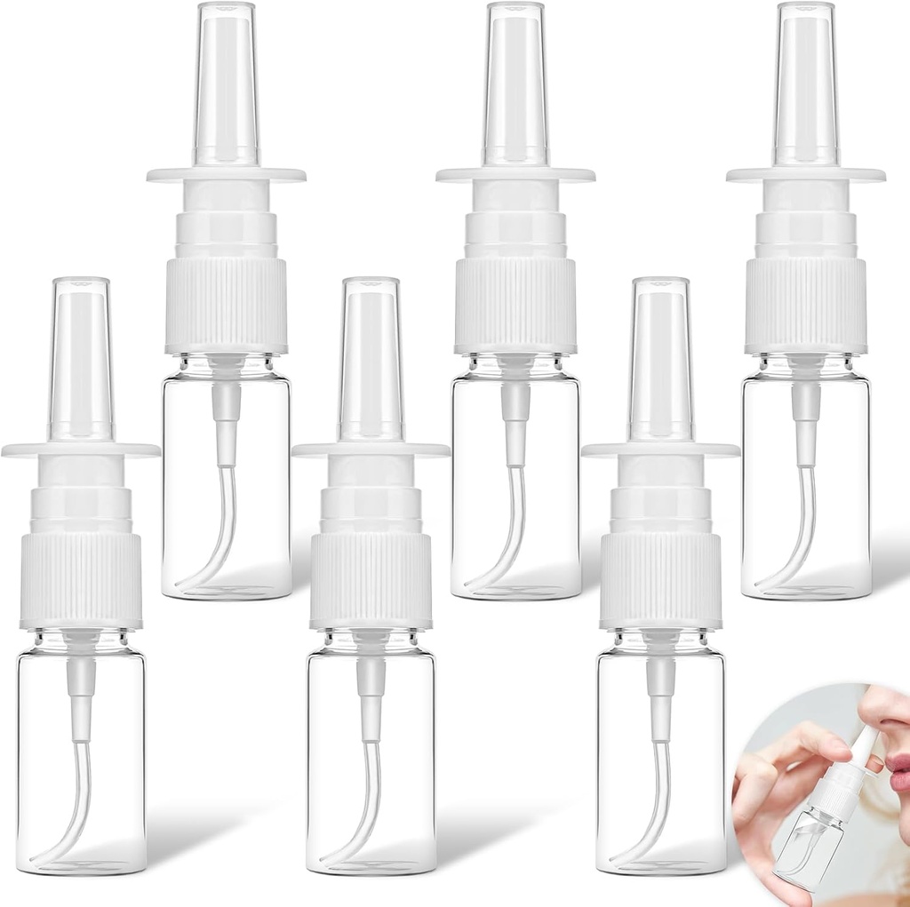 6 Pcs Clear Nasal Spray Bottles, 10ml Empty Spray Bottle Refillable Atomiser Small Mist Sprayers with Press Spray Head Plastic Spray Container for Essential Oils, Wound Disinfectant