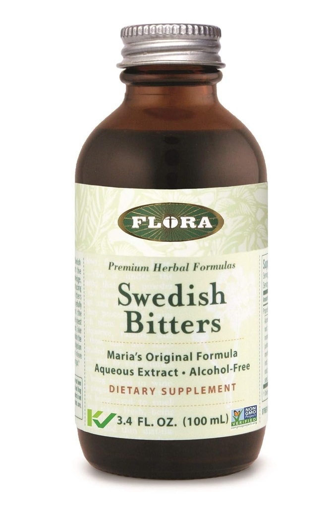 Flora - Svenske Bittere til fordampning, Alkohol- Gratis Bitters Hjælp Bloating & Fordampning, Maria 's Original Formel Aqueous Extract, Vegan, Kosher, Non GMO, 3.4-fl. oz. Glasflaske