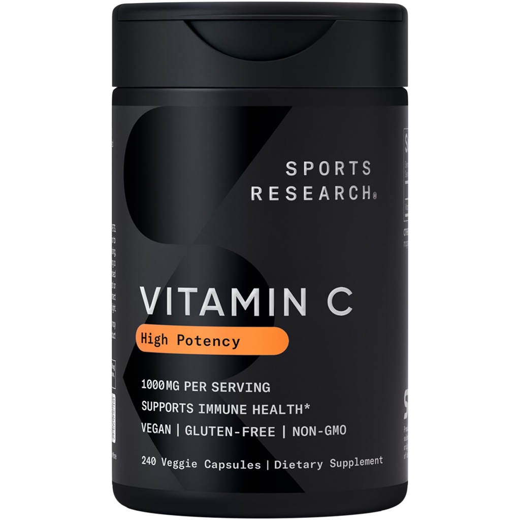 Sports Research High Potency Vitamin C tillæg - Vegan Veggie kapsler til antioxidant Aktivitet & immunforsvar - Non- GMO Verified & Gluten Free - Ascorbic Acid Vitamin C 1000mg, 240 Tæl