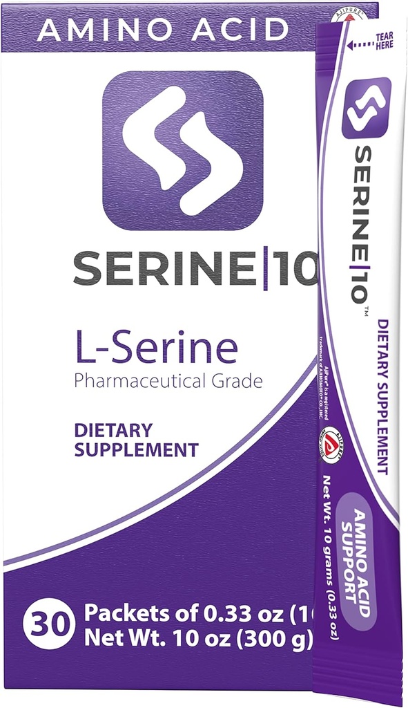SERINE10 L- Serine Nootropics Pakninger - Support Brain Health, Memory, Focus, & Production of Serotonin, L- Tryptophan, & L- Cystine - 30 Premained Powder Packets with 10 Grams (30000 mg)