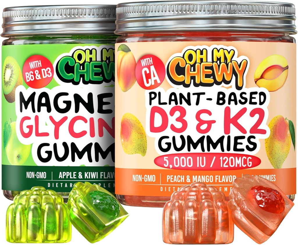 Magnesium + D3K2 Gummies Bundle - 2 flasker (60 stk.) - Apple Kiwi & Peach Mango