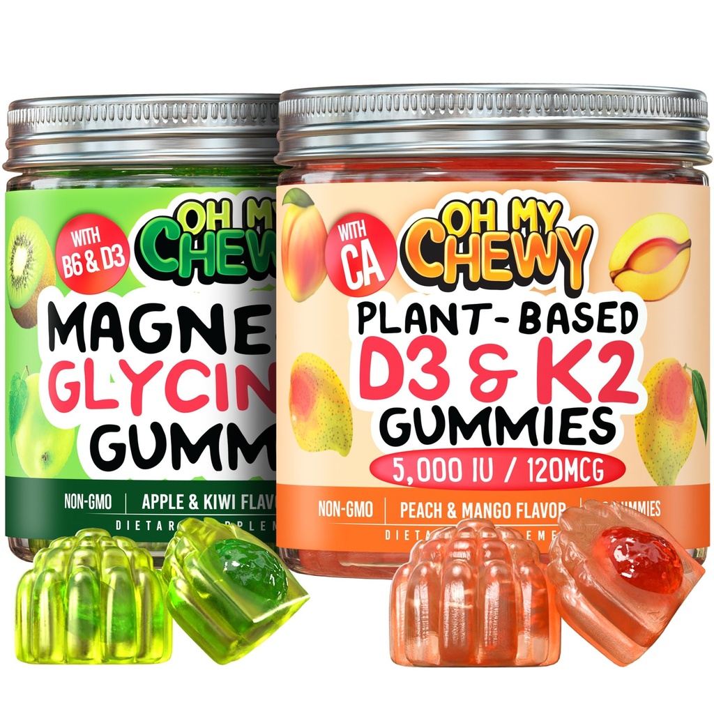 OH my cheWY Magnesium + D3K2 Gummies Bundle - 2 flasker (60 hver) - Apple Kiwi & Peach Mango