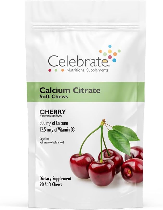 Celebrate Vitamin Bariatric 500 mg Calcium Citrate Soft Chews med 500 IE D3 Vitamin - Essential for Gastric Bypass Patienter & Knoglehelbred - Sukker & Gluten Free, Cherry (90 Chews)