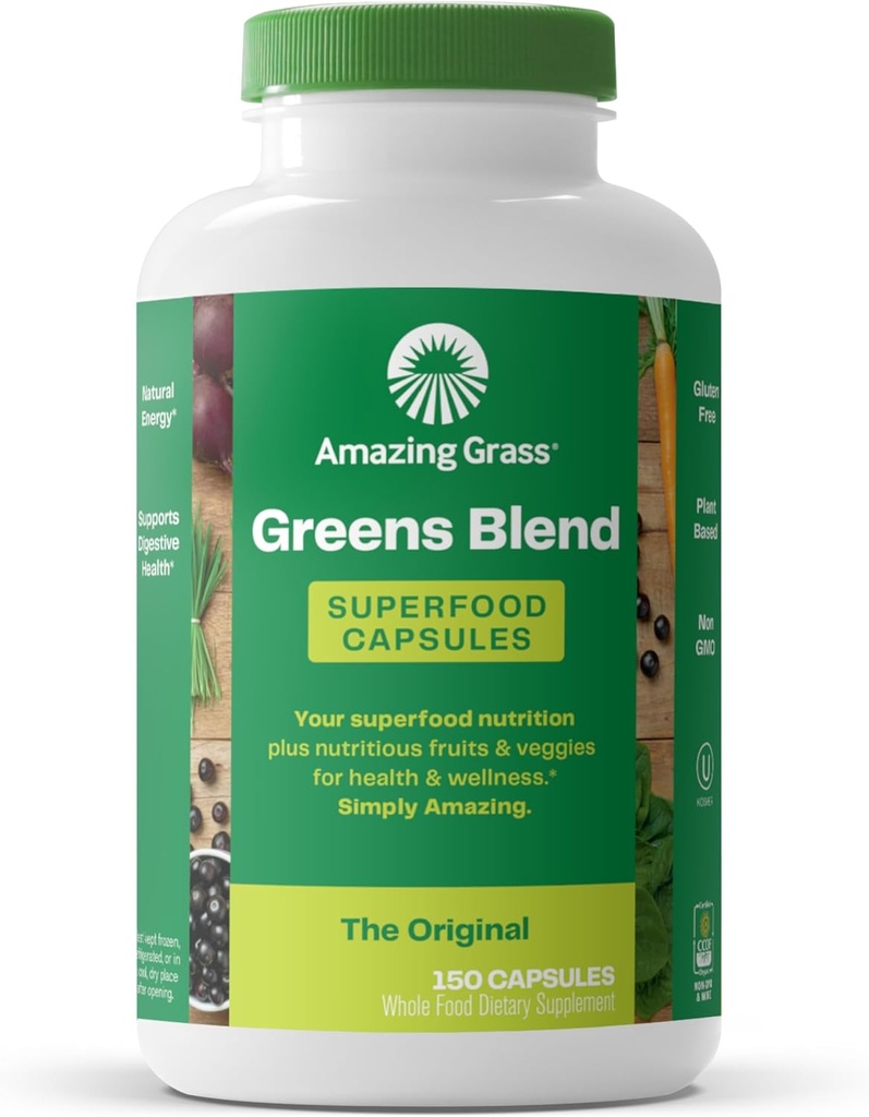 Amazing Grass Green Blend Superfood Kapsler: Super Green med Organic Spirulina, Chlorella, Beet Root Powder, fordøjelsesfremmende enzymer & probiotika, 150 Kapsler (Packaging May Vary)