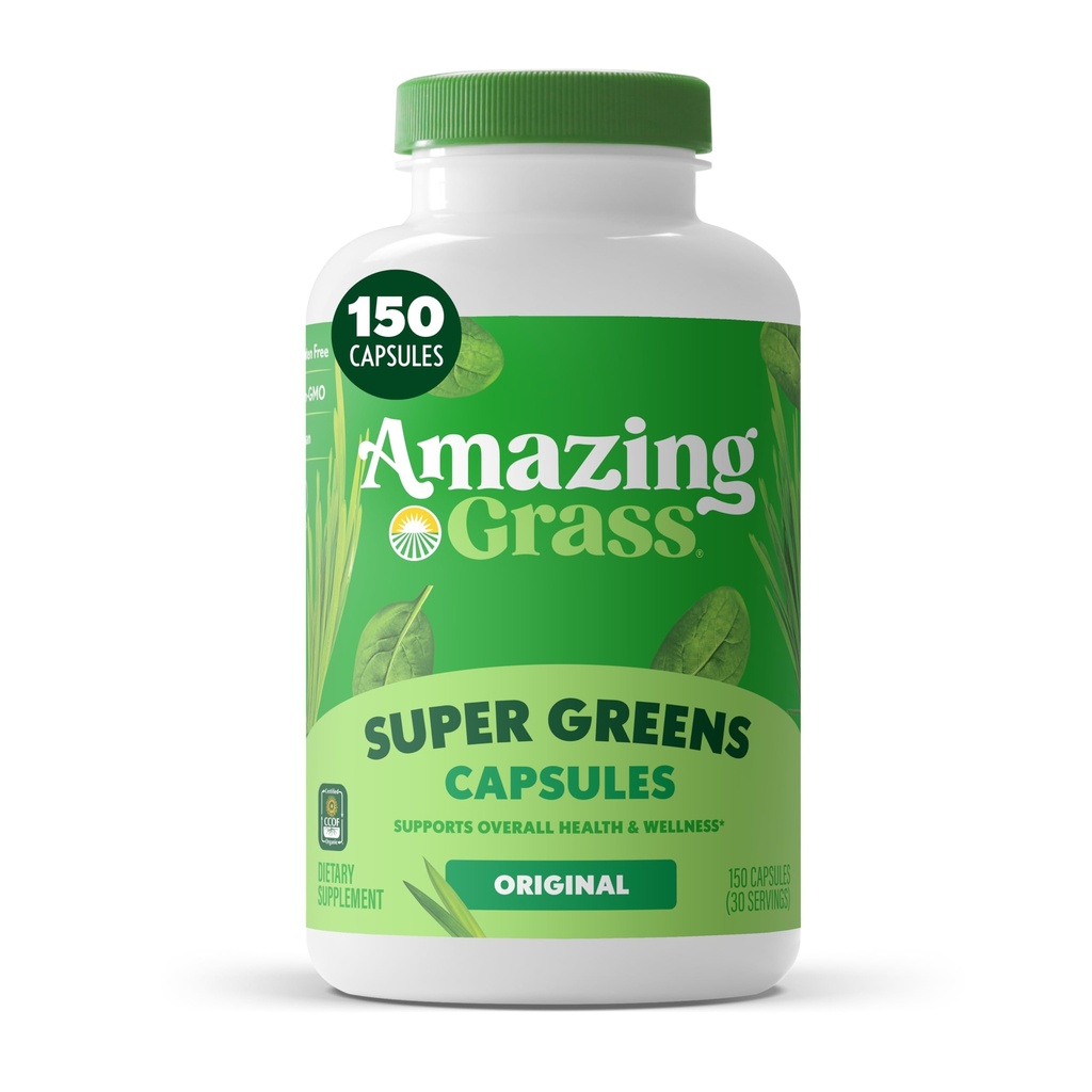 Amazing Grass Green Blend Superfood Kapsler: Super Green med Organic Spirulina, Chlorella, Beet Root Powder, fordøjelsesfremmende enzymer & probiotika, 150 Kapsler (Packaging May Vary)
