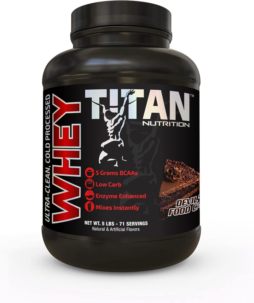 Titan Whey Protein Powder - Premium, Fast- Absorbing Whey med 23g af protein, BCAA, & fordøjelsesenzymer per servering - Understøtter Lean muskelmasse & Optimal fordøjelse - 5 Pounds, Devils Food Cake