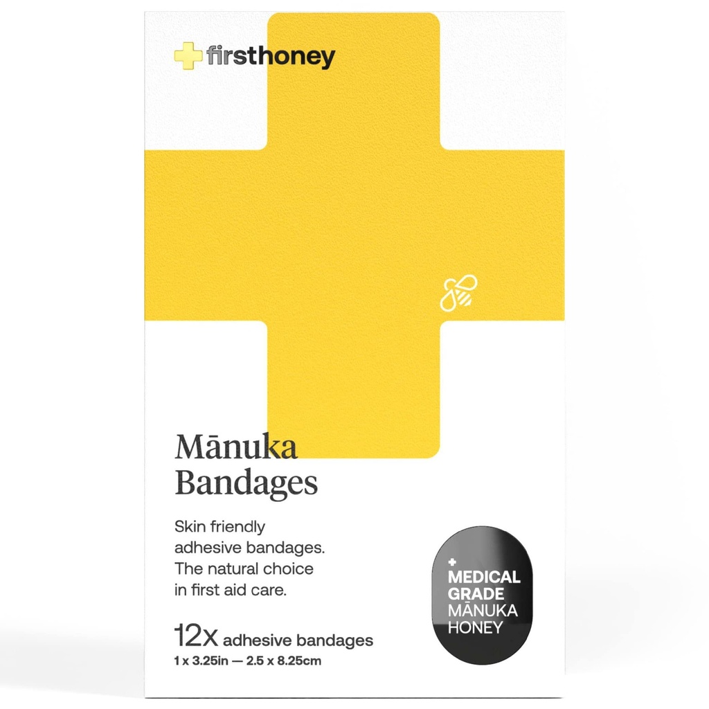 Første honning Manuka Honey Adhesive Bandages 12 Pack Note 124; Latex Free, Antibiotic Free Wund Dressing