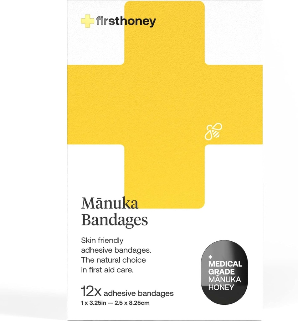 Første honning Manuka Honey Adhesive Bandages 12 Pack Note 124; Latex Free, Antibiotic Free Wund Dressing
