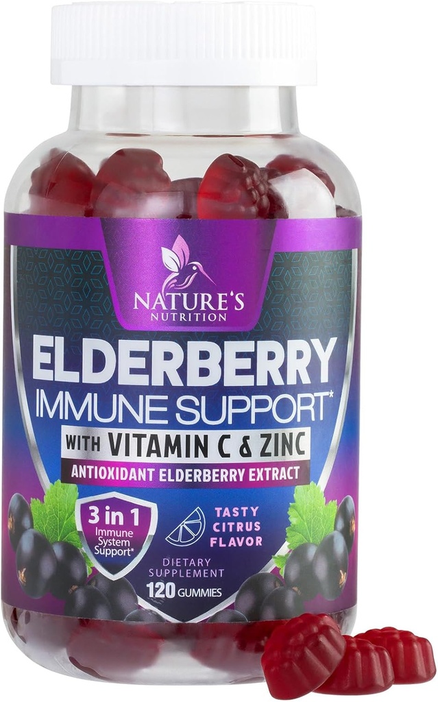 Immune Support Gummies with Elderberry Extract - Sambucus Elderberry Gummy with Zinc & Vitamin C, Natural Vegan Immune Support Supplement for Adults & Kids, Gummy Elder berry Vitamins - 120 Gummies