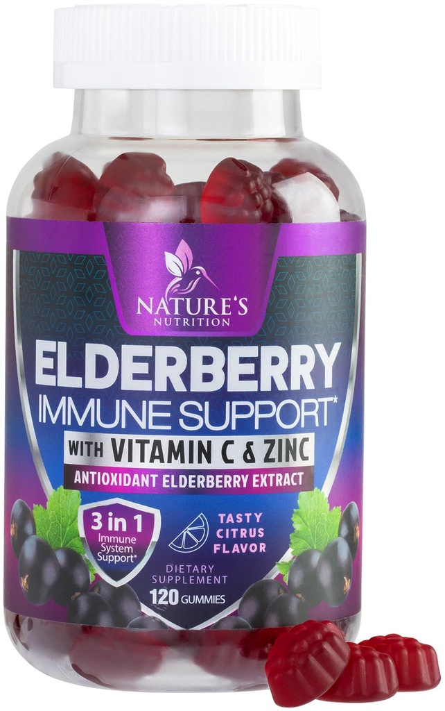 Immunsupport Gummier med Elderberry Extract - Sambucus Elderberry Gummy med zink & C-vitamin, Natural Vegan immunsupport supplement til voksne & børn, Gummy Elderberry Vitamin - 120 Gummies