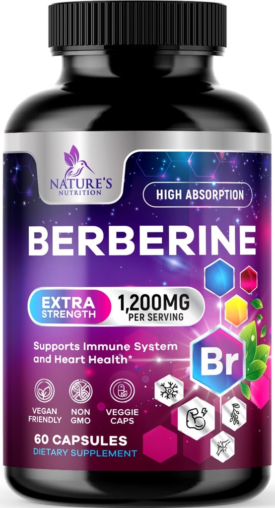 Berberine HCL 1200mg Supplement - Berberine HCI Capsules High Absorption Supplement for Heart Health & Immun Support, High Strength, Gluten- Free, Vegan, Non- GMO Pills - 60 Veggie Capsules