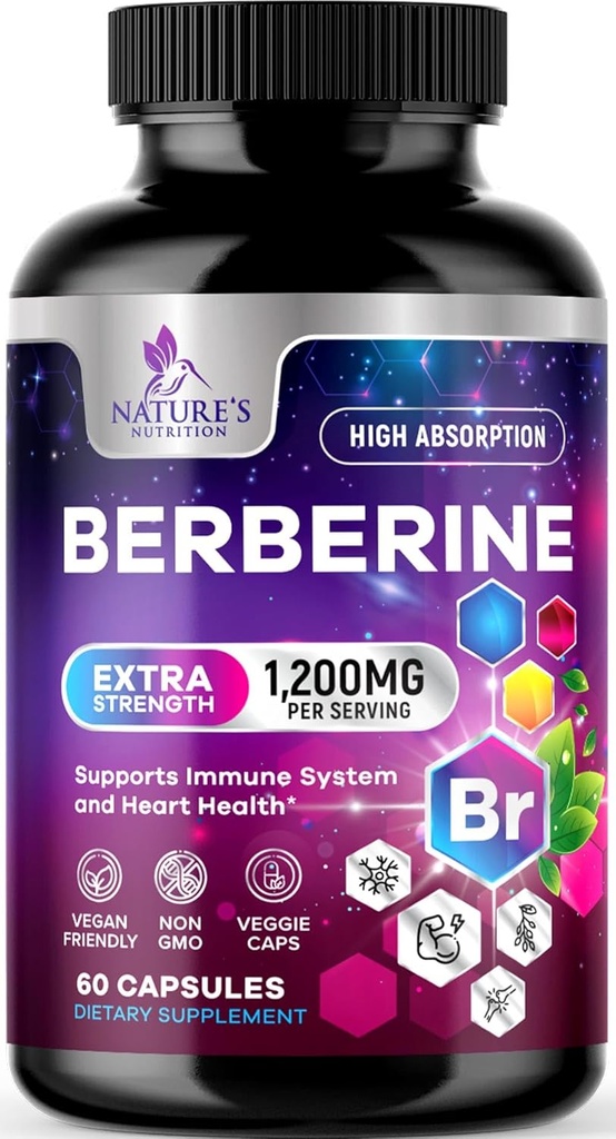 Berberine HCL 1200mg Supplement - Berberine HCI Capsules High Absorption Supplement for Heart Health & Immun Support, High Strength, Gluten- Free, Vegan, Non- GMO Pills - 60 Veggie Capsules