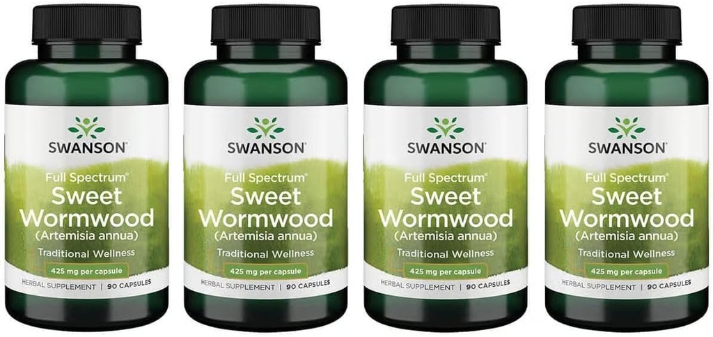 Swanson Sweet Wormwood - May Promote GI Gut Health, Microbial Balance & Digestive Health Support - Herbal supplement med Artemisinin - (90 kapsler, 425 mg hver) 4 Pack
