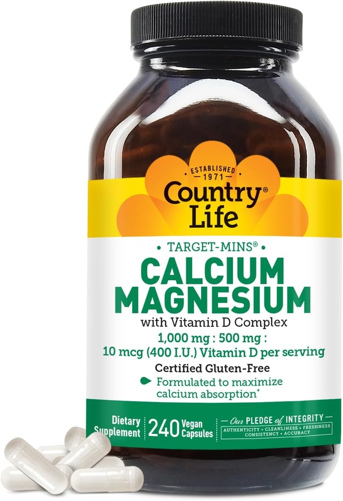 Country Life Target-Mins Calcium Magnesium with Vitamin D-Complex, 1000mg/500mg/10mcg, 240 Vegan Capsules, Certified Gluten Free, Certified Vegan, Verified Non-GMO Verified