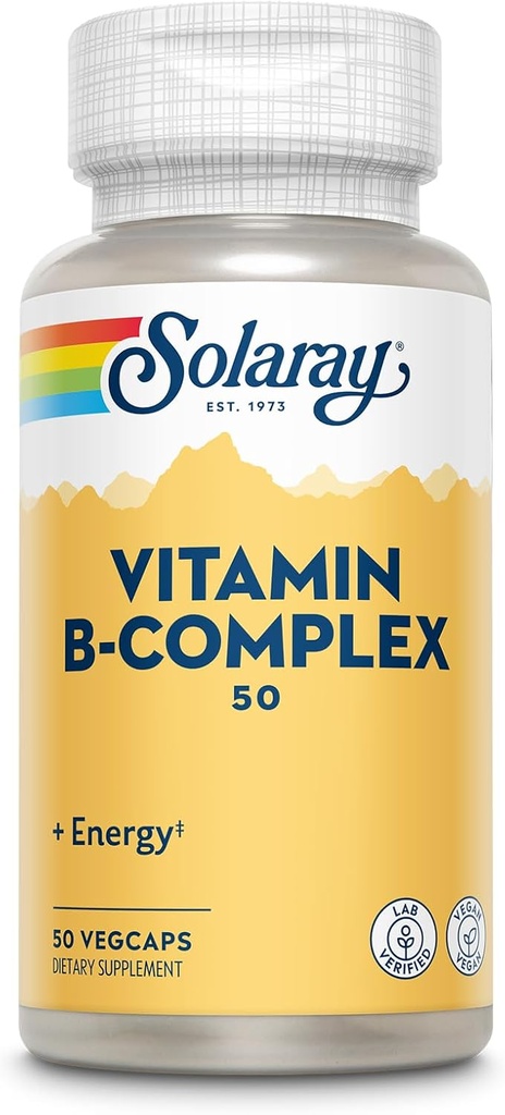 SOLARAY vitamin B Complex 50 mg - Cellulære energivitaminer - Metabolisme og nerve sundhedsstøtte med vitamin B12, vitamin B1, B6, Niacin, folinsyre, biotin og andre B vitaminer - Vegan, 50 VegCaps