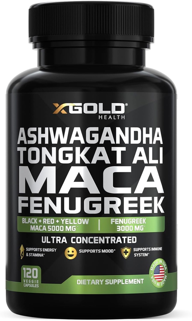 Ashwagandha 5000mg + Tongkat Ali 1000mg + Maca Root 5000mg + Fenugreek 3000mg Supplement124; Black + Red + Gul Maca Root Extract & Fenugreek Urtetilskud til mænd og kvinder - Made in USA