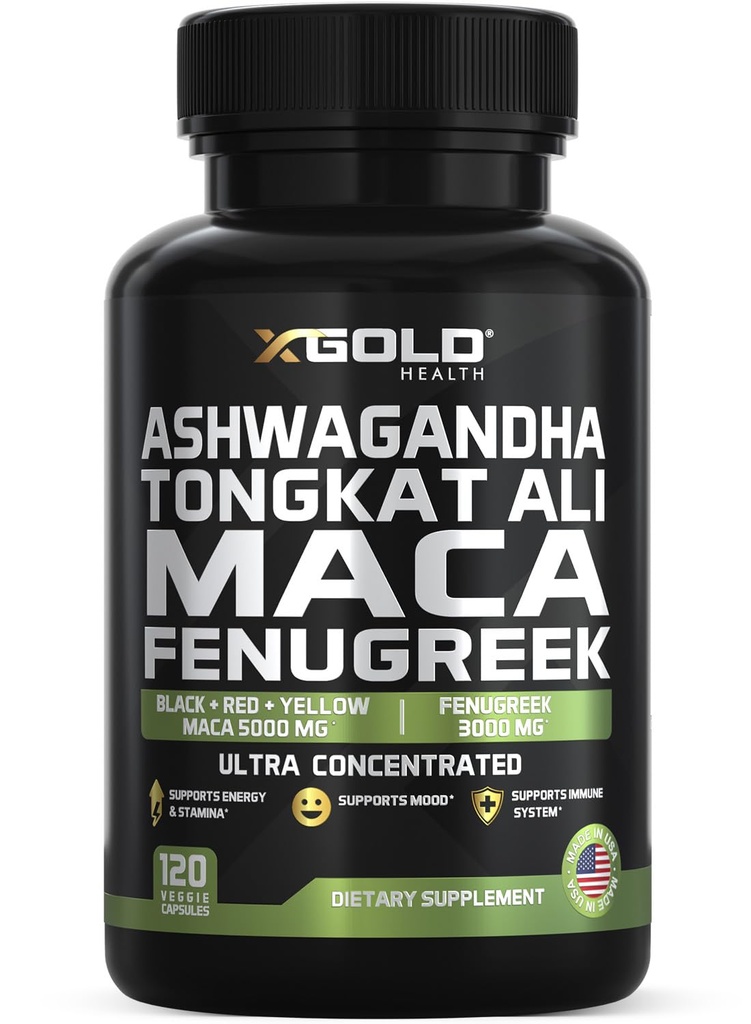 Ashwagandha 5000mg + Tongkat Ali 1000mg + Maca Root 5000mg + Fenugreek 3000mg Supplement124; Black + Red + Gul Maca Root Extract & Fenugreek Urtetilskud til mænd og kvinder - Made in USA